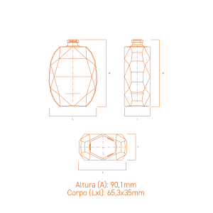 Frasco de vidro Rubi 60ml inspirado em rubi lapidado, com terminação FEA 15 e design sofisticado para fragrâncias premium.