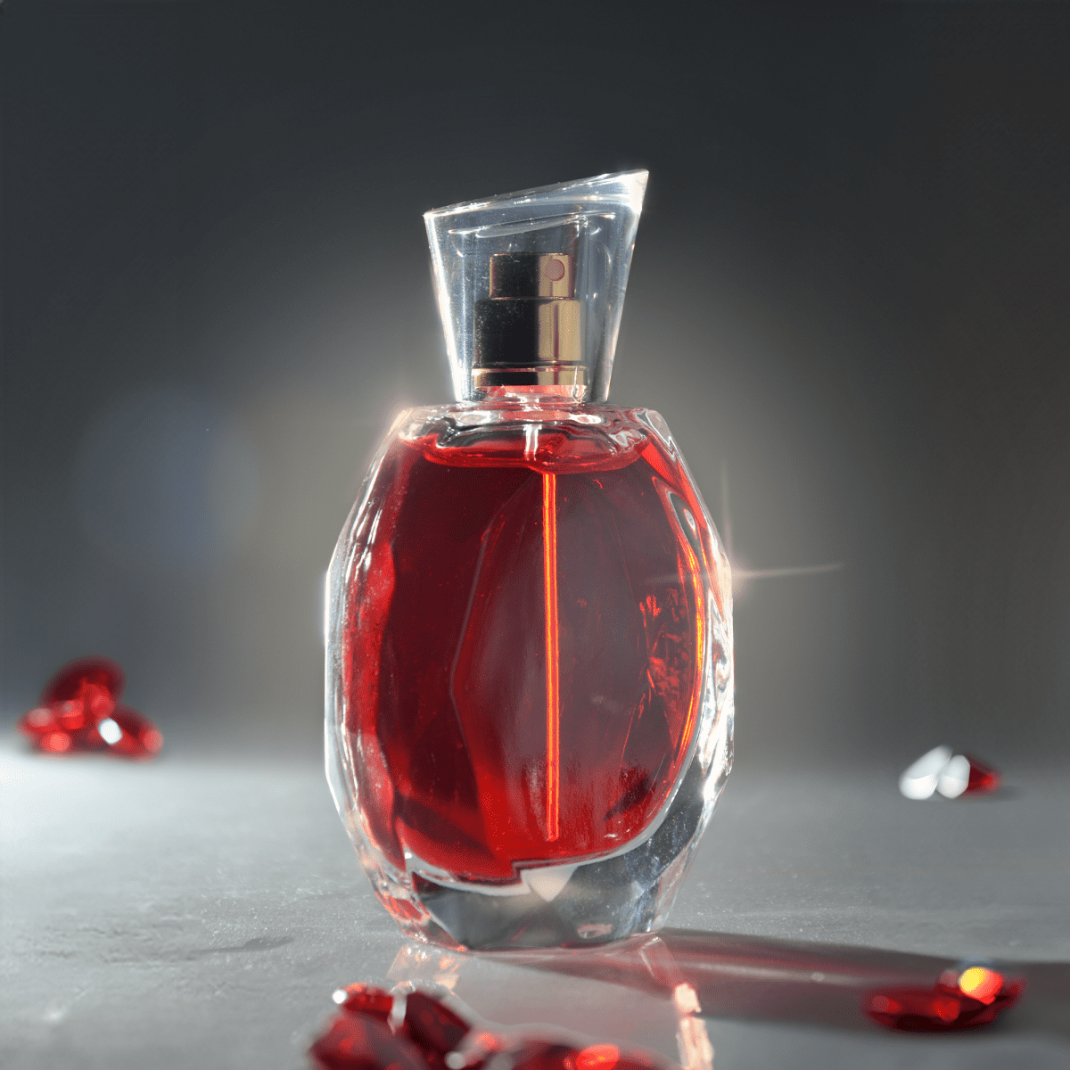 Frasco de vidro Rubi 60ml inspirado em rubi lapidado, com terminação FEA 15 e design sofisticado para fragrâncias premium.