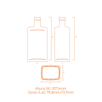 Garrafa de vidro Melbine 750ml retangular com pescoço alto e terminação plate, ideal para destilados premium.