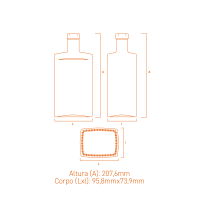 Garrafa de vidro Melbine 750ml retangular com pescoço alto e terminação plate, ideal para destilados premium.