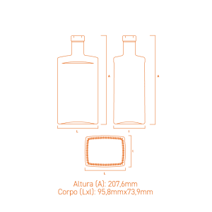 Garrafa de vidro Melbine 750ml retangular com pescoço alto e terminação plate, ideal para destilados premium.
