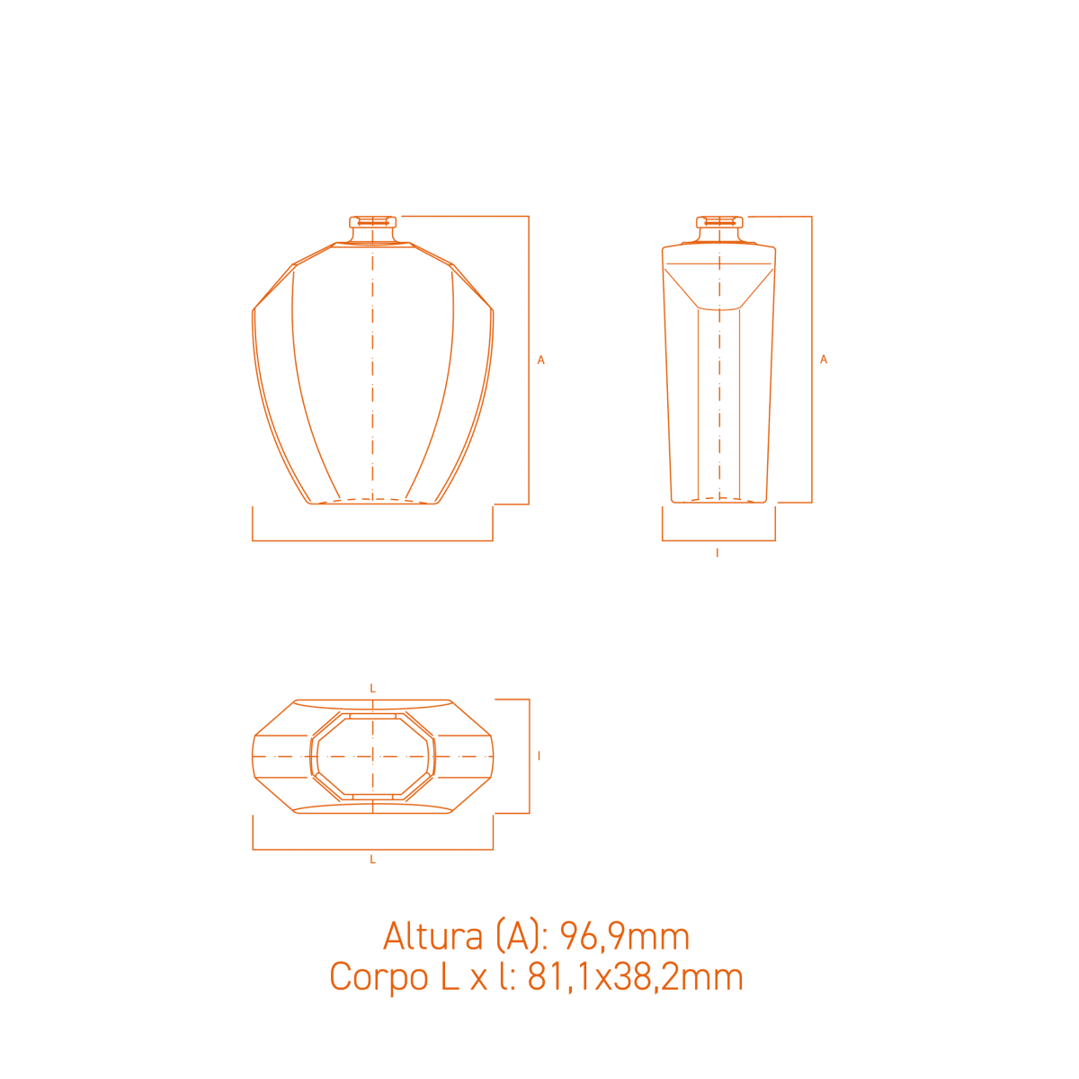 Frasco de vidro Ágata 75ml com terminação FEA 15, corpo elegante e design exclusivo para perfumes e fragrâncias premium.