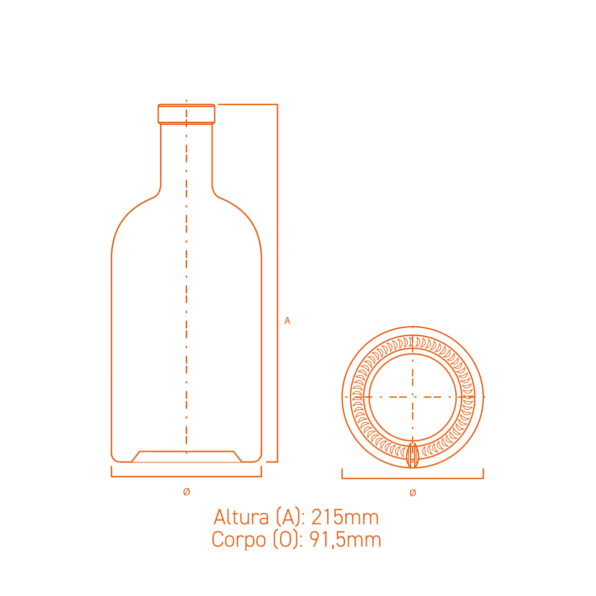 Garrafa de vidro Austral 700ml cilíndrica, com ombro reto e base espessa, ideal para destilados premium.