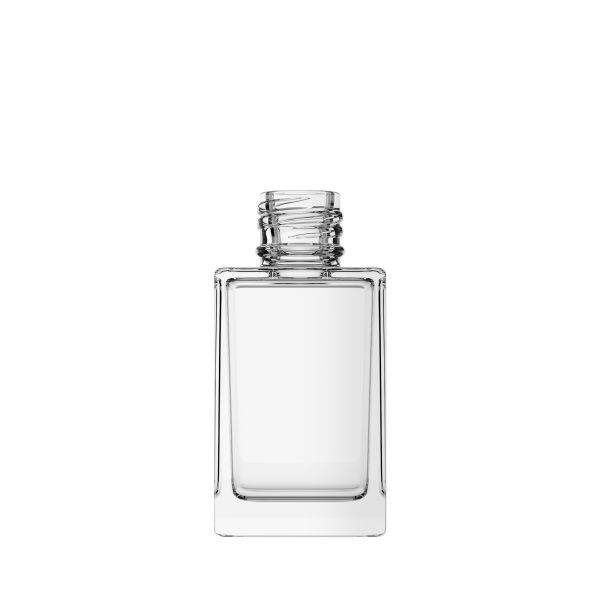 Frasco de vidro Dice Altus 30ml quadrado alongado com rosca 18/415, ideal para fragrâncias e óleos essenciais.
