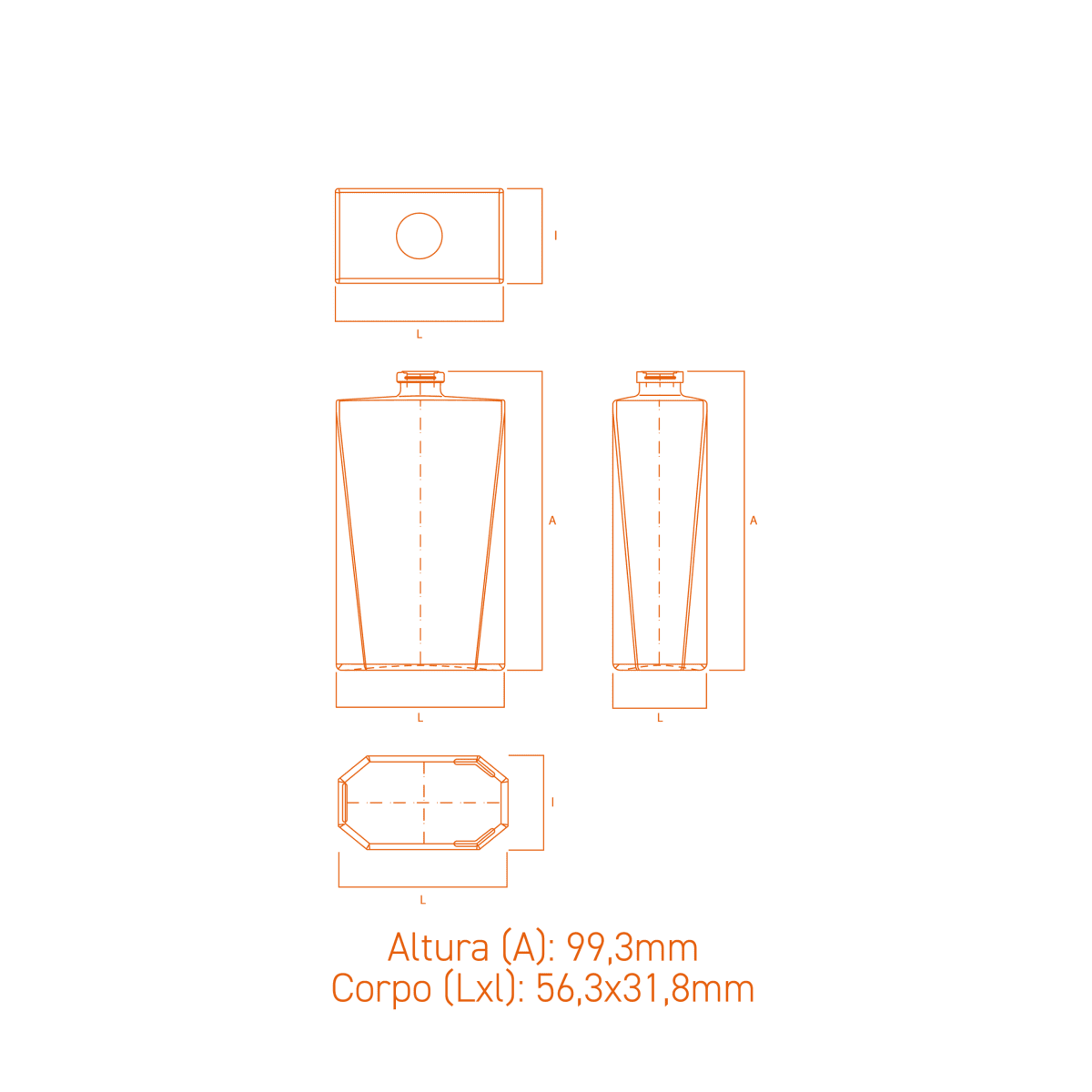 Frasco de vidro Wings 60ml retangular, terminação FEA 15, ideal para perfumes premium.