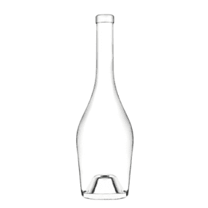 Garrafa de vidro Pompadour Wine 750ml arredondada, com curvas femininas, punt profundo e pescoço esguio.